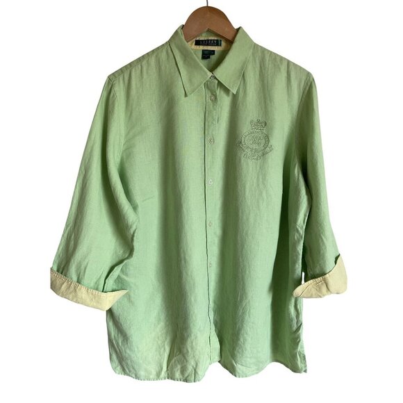 Lauren Ralph Lauren 1X Lime Green Embroidered Crest 3/4 Sleeve Button Up Collare - Picture 1 of 6